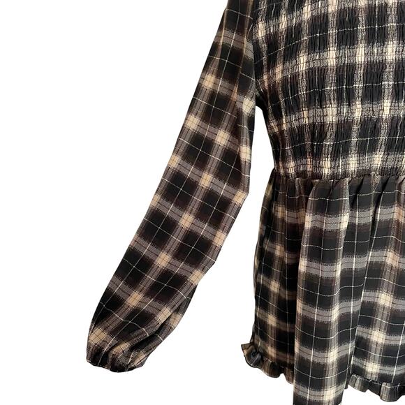 Suzanne Betro Black Tan Plaid Top MED Smocked Bodice Ruffled Peplum Peasant Boho - Picture 5 of 10